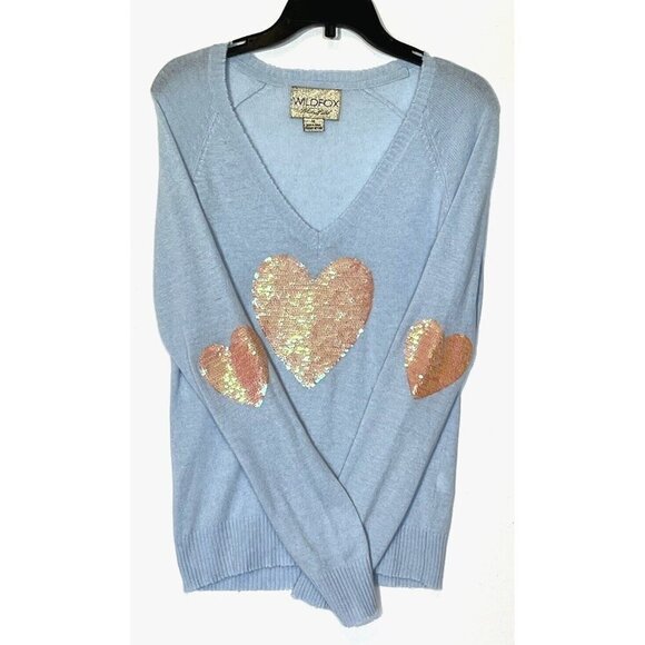 WILDFOX White Label Blue Angora blend Sequin Hearts V-Neck Sweater Top - Picture 7 of 10